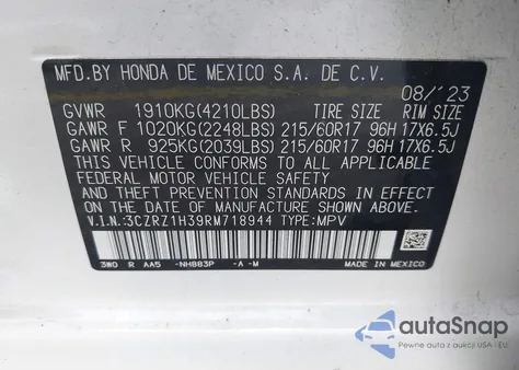 2024 Honda Hr-V 2Wd Lx z USA, uszkodzony, nr VIN 3CZRZ1H39RM718944